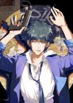  artificial_eye brown_eyes cigarette cowboy_bebop gun handgun hands_up highres imi_jericho keikoku_(kujira) male_focus necktie smirk solo spike_spiegel weapon 