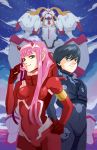  1boy 1girl bangs black_bodysuit black_hair blue_eyes bodysuit candy christianblaza cloud cloudy_sky commentary couple darling_in_the_franxx food fringe gloves green_eyes hair_ornament hairband hand_on_hip hetero highres hiro_(darling_in_the_franxx) holding_lollipop horns lollipop long_hair looking_at_viewer night night_sky oni_horns pilot_suit pink_hair red_bodysuit red_gloves red_horns short_hair sky star star_(sky) strelizia white_gloves white_hairband zero_two_(darling_in_the_franxx) 