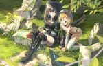  black_hair blonde_hair blue_eyes cleavage_cutout fingerless_gloves gloves green_eyes hat heterochromia highres huanxiang_huifeng long_hair million_arthur_(series) multiple_girls obentou red_eyes ruins short_hair sitting thighhighs two_side_up wings 