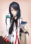  bag black_hair bottle brown_background brown_eyes coin_purse fate/prototype fate/prototype:_fragments_of_blue_and_silver fate_(series) gradient gradient_background hand_on_own_chin hand_up homunculus long_hair male_focus paracelsus_(fate) parted_lips shijiu_(adamhutt) shopping_bag solo standing tentacles wide_sleeves 