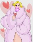  2018 absurd_res alcohol beverage big_lips blonde_hair blush clothed clothing digital_media_(artwork) eyelashes female fluffylips fur fur_coat hair hi_res huge_lips humanoid hyper_lips kiss_mark lips lipstick looking_at_viewer makeup mammal not_furry pink_lipstick raised_eyebrow simple_background solo standing thick_thighs wine wine_glass 