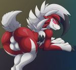  2018 absurd_res anthro anus backsack balls black_nose butt canine claws grin hi_res kuroodod lycanroc male mammal midnight_lycanroc nintendo perineum pink_eyes pok&eacute;mon pok&eacute;mon_(species) presenting presenting_hindquarters smile video_games white_anus white_balls 
