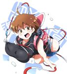  ahoge ass backpack bag bangs black_hoodie blue_shorts blush bound breasts brown_eyes brown_hair eyebrows_visible_through_hair fishing_hook fishing_line hair_between_eyes hood hood_down hoodie large_breasts open_mouth panties short_hair shorts shorts_pull solo sugiura tied_up umihara_kawase umihara_kawase_(character) underwear v-shaped_eyebrows very_short_hair white_panties 