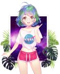  1girl :d ahoge bandaid bandaid_on_face bandaid_on_nose bangs blue_hair brown_eyes collarbone cowboy_shot deviantart_username earth earth-chan eyebrows_visible_through_hair glasses green_hair gym_shorts hand_up highres index_finger_raised looking_at_viewer midriff multicolored_hair nasa_logo navel open_mouth original philodendron print_shirt rimless_eyewear round_eyewear shirt short_hair short_shorts short_sleeves shorts smile standing t-shirt tied_shirt twitter_username upper_teeth yellow_eyes 