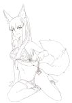  3four animal_ears bangs bare_shoulders bikini blunt_bangs breasts commission copyright_request eyebrows_visible_through_hair greyscale large_breasts legband long_hair looking_at_viewer monochrome navel ponytail simple_background sitting smile solo swimsuit tail white_background yokozuwari 