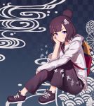  bag blue_background blue_eyes blush checkered checkered_background closed_mouth fate/grand_order fate_(series) from_side full_body hair_bun hair_ornament hairclip hand_on_own_cheek highres jacket katsushika_hokusai_(fate/grand_order) kotoribako long_sleeves looking_at_viewer looking_to_the_side pants purple_footwear purple_hair purple_pants seigaiha shoes short_hair sitting smile solo white_jacket 