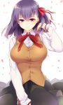  adjusting_hair black_skirt breasts brown_vest fate/stay_night fate_(series) hair_between_eyes hair_ribbon hand_up highres long_hair matou_sakura md5_mismatch purple_eyes purple_hair red_ribbon ribbon school_uniform simple_background skirt smile solo standing vest yumari_nakura 