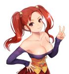  bare_shoulders belt belt_buckle breasts buckle cleavage closed_mouth collarbone corset dragon_quest dragon_quest_viii hand_on_hip jessica_albert kz_ripo large_breasts long_hair long_sleeves looking_at_viewer no_bra off-shoulder_shirt off_shoulder orange_belt purple_shirt red_eyes red_hair shirt simple_background sleeves_past_wrists smile solo twintails twitter_username upper_body v white_background 