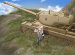  blonde_hair blue_eyes caterpillar_tracks commentary_request emblem girls_und_panzer ground_vehicle heavy_tank highres kakeimoto kay_(girls_und_panzer) military military_vehicle motor_vehicle saunders_(emblem) shadow smile t34_heavy_tank tank tank_top 