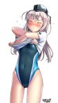  &gt;_&lt; artist_name ass_visible_through_thighs bangs blue_swimsuit blush cameltoe closed_mouth commentary_request competition_swimsuit covered_navel eyebrows_visible_through_hair hair_between_eyes headgear highres iron_cross kantai_collection long_hair navel one-piece_swimsuit shirt simple_background solo standing swimsuit t-shirt thighs tsuchimiya u-511_(kantai_collection) undressing white_background white_hair white_shirt 
