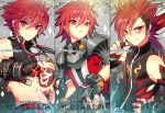  artist_name bangs black_gloves black_hair black_shirt character_name closed_mouth copyright_name elsword elsword_(character) fingerless_gloves frown gloves hair_between_eyes hand_up holding holding_sword holding_weapon infinity_sword_(elsword) long_hair lord_knight_(elsword) midriff multicolored_hair multiple_boys multiple_persona pika_(kai9464) red_eyes red_hair red_shirt rune_slayer_(elsword) runes shirt short_hair shoulder_armor sleeveless sleeveless_shirt smile sword upper_body weapon 