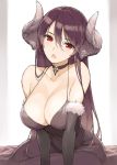  bare_shoulders black_dress black_gloves black_hair breasts choker cleavage collarbone dress elbow_gloves fur_trim gloves hair_between_eyes head_tilt horns large_breasts long_dress long_hair looking_at_viewer morisawa_haruyuki open_mouth original red_eyes simple_background sitting solo very_long_hair 