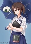  anti_(untea9) apron blue_background blue_hakama blue_umbrella bow brown_eyes brown_hair collarbone commentary_request cowboy_shot eyebrows_visible_through_hair food hair_bow hakama hakama_skirt highres hungry japanese_clothes kaga_(kantai_collection) kantai_collection looking_at_viewer muneate onigiri short_hair side_ponytail simple_background solo tasuki thought_bubble twitter_username umbrella 