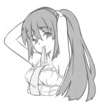 1girl armpits arms_behind_head arms_up artist_request bare_shoulders breasts cleavage dress hair_between_eyes long_hair medium_breasts monochrome mouth_hold noihara_himari omamori_himari sketch solo upper_body 