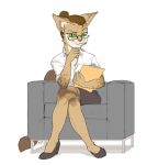  2018 anthro breasts cat cleavage clothed clothing digital_media_(artwork) eyelashes eyewear feline female fully_clothed fur glasses hair helia_peppercats_(wrinklynewt) librarian looking_at_viewer mammal simple_background sirartwork sitting smile solo white_background 