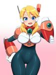  alia_(rockman) android arm_cannon armor bangs blonde_hair blue_eyes blush bodysuit breasts commentary_request cowboy_shot eyebrows_visible_through_hair gloves gradient gradient_background hair_between_eyes hand_on_hip headgear highres konboi-eg large_breasts long_hair looking_at_viewer open_mouth robot_ears rockman rockman_x rockman_x8 smile solo thigh_gap weapon 