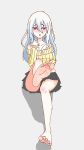  1girl barefoot blush feet light_blue_hair long_hair looking_away off_shoulder one_leg_raised original parted_lips pov red_eyes soles toes 