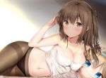  bachibachi_(tisen) bangs bare_arms bare_shoulders bed_sheet black_panties blush bodypaint breasts brown_eyes brown_hair brown_legwear character_name character_pillow cleavage collarbone commentary_request eyebrows_visible_through_hair girls_frontline hair_ornament hairclip hand_in_hair highres k-2_(girls_frontline) light_particles long_hair looking_at_viewer lying medium_breasts navel on_side panties pantyhose pillow pillow_hug sidelocks smile solo stomach suomi_kp31_(girls_frontline) thighband_pantyhose topless underwear 