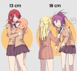  4girls :t ^_^ alice_(bzone4) bang_dream! bangs black_neckwear black_skirt blazer blonde_hair brown_dress brown_jacket closed_eyes commentary_request dress empty_eyes green_eyes grey_background hair_ribbon half_updo hanasakigawa_school_uniform haneoka_school_uniform height_difference highres hug jacket long_hair long_sleeves low_twintails multiple_girls necktie necktie_grab neckwear_grab open_mouth pink_hair pleated_dress pleated_skirt ponytail red_hair ribbon sailor_dress school_uniform seta_kaoru shirasagi_chisato short_twintails sidelocks skirt twintails udagawa_tomoe uehara_himari white_ribbon yuri 