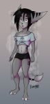  2018 anthro athletic barefoot black_hair black_nose booty_shorts brown_eyes bulge cat claws clothed clothing crop_top crossdressing feline fur girly goth grey_fur hair hi_res kai legwear lombax long_ears long_hair long_tail male mammal midriff navel open_mouth partially_clothed ratchet_and_clank ratchetjak shirt shorts shy simple_background skimpy skull solo standing striped_fur stripes thick_thighs tight_clothing underwear video_games 