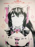  :3 animal_ears artist_name bell black_hair bow breasts cat_ears cat_girl character_name cleavage closed_mouth cosplay cowfee hair_between_eyes hair_bow half-closed_eyes large_breasts long_hair maid maid_headdress name_tag nekopara noihara_himari omamori_himari one_eye_closed ponytail purple_eyes smile solo very_long_hair waitress 