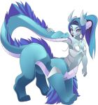  blue_fur blue_hair dragon dragontaur eastern_dragon female four_legs fur furred_dragon hair horn long_whiskers paws purple_eyes reptile rudragon scales scalie sentient_tail smile snake snake_tail solo standing tail_mouth taur 