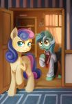  2018 amber_eyes asimos blue_eyes bonbon_(mlp) book bookshelf building clothed clothing collaboration curtains cutie_mark door duo earth_pony equine eyebrows fanfic_art female feral friendship_is_magic frown fully_clothed green_hair hair holding_object hooves horn horse house inside lexx2dot0 lyra_heartstrings_(mlp) mammal maytee multicolored_hair my_little_pony necktie nude open_door open_mouth pants pink_hair pony princess_celestia_(mlp) raised_leg rug shirt standing teal_eyes tongue two_tone_hair unicorn walking window 