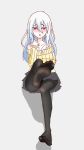  1girl blush feet light_blue_hair long_hair looking_away off_shoulder one_leg_raised original pantyhose parted_lips pov red_eyes soles toes 