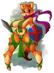  2018 anthro artist-apprentice587 big_breasts blush breasts canine clitoris clothed clothing digital_media_(artwork) female fox hi_res holding_object holding_weapon looking_at_viewer looking_back mammal melee_weapon nipples pussy shield simple_background solo sword thick_thighs translucent tunic tunic_(video_game) video_games weapon 