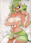  1girl amalia_sheran_sharm areolae bare_shoulders breast_hold cleavage collarbone dark_skin erect_nipples green_eyes hair_flower highres joel_jurion lips medium_breasts midriff navel nipples no_panties parted_lips pubic_hair sadida see-through solo tubetop wakfu 