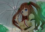  .live 1girl akiiro belt blue_eyes blush bow breasts brown_hair closed_mouth eyebrows_visible_through_hair ferris_wheel green_bow hair_bow holding holding_umbrella kakyouin_chieri large_breasts looking_at_viewer neckerchief outdoors puffy_short_sleeves puffy_sleeves rain red_neckwear short_sleeves solo twintails umbrella 