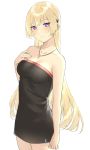  aemu_(august_life) alternate_costume bangs bare_shoulders black_dress blonde_hair blush breasts cleavage closed_mouth collarbone commentary cross cross_necklace dress english_commentary eyebrows_visible_through_hair g3_(girls_frontline) girls_frontline hair_between_eyes hair_ornament hand_on_own_chest jewelry large_breasts long_hair looking_at_viewer necklace purple_eyes sidelocks simple_background smile solo strapless strapless_dress tube_dress white_background 