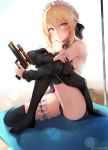  artoria_pendragon_(all) artoria_pendragon_(swimsuit_rider_alter) bare_shoulders bikini black_bikini black_legwear black_ribbon black_sweater blonde_hair blush braid breasts closed_mouth commentary fate/grand_order fate_(series) french_braid frills gun hair_between_eyes highres holding holding_gun holding_own_arm holding_weapon kano_(kanokano44) leg_up maid_headdress ribbon sideboob sidelocks sitting sweater swimsuit thigh_strap thighhighs weapon yellow_eyes 