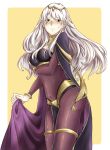  blush bodystocking bodysuit bracelet breasts bridal_gauntlets cape cleavage commentary_request cosplay covered_navel embarrassed fire_emblem fire_emblem:_akatsuki_no_megami fire_emblem:_kakusei half_updo highres jewelry komugiko_(komugi_16) long_hair micaiah solo sweatdrop tharja tharja_(cosplay) tiara yellow_eyes 