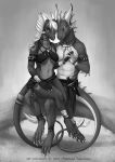  2018 amber_eyes anisis anthro blue_eyes breasts clothed clothing digital_media_(artwork) dragon duo female hair horn lizard loincloth male midriff navel reptile scalie simple_background sitting smile spines tribal_clothing white_hair 