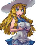  :o alternate_breast_size amania_orz bangs blonde_hair blue_skirt blush braid breasts commentary_request covered_navel dated green_eyes hat large_breasts lillie_(pokemon) long_hair looking_at_viewer open_mouth pokemon pokemon_(game) pokemon_sm self_fondle shirt side_braid simple_background skirt sleeveless sleeveless_shirt solo sun_hat twin_braids twitter_username white_background white_hat white_shirt 