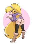  1girl ass bigdad blonde_hair boots breasts earrings full_body gravity_falls hairband high_heel_boots high_heels hoop_earrings knee_boots long_hair looking_at_viewer looking_back pacifica_northwest parted_lips skirt skirt_lift solo standing thighhighs very_long_hair 