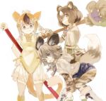  african_wild_dog_(kemono_friends) african_wild_dog_print animal_ears bare_shoulders bear_ears bear_paw_hammer blonde_hair boots bow bowtie bracelet brown_bear_(kemono_friends) brown_hair circlet collared_shirt commentary_request denim denim_shorts dog_ears dog_tail elbow_gloves fang gloves golden_snub-nosed_monkey_(kemono_friends) jewelry kemono_friends konabetate leotard long_sleeves monkey_ears monkey_tail multicolored_hair multiple_girls pale_color pantyhose shirt short_hair short_shorts short_sleeves shorts sidelocks simple_background tail thighhighs weapon white_background white_hair 