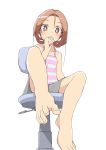  1girl barefoot blush brown_eyes brown_hair chair feet hand_to_own_mouth long_hair looking_at_viewer original pov pov_feet salpin sitting toes 