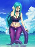  absurdres aqua_hair ass_visible_through_thighs breasts character_request cleavage cloud copyright_request cross day green_eyes highres jewelry large_breasts long_hair necklace nikita_varb ocean original solo tail very_long_hair water yacht 