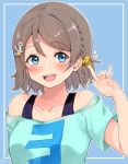  :d alternate_hairstyle anchor_hair_ornament aqua_shirt artist_name blue_background blue_eyes blue_shirt blush bow bra_strap braid clothes_writing eyebrows_visible_through_hair hair_bow hair_ornament hand_up love_live! love_live!_sunshine!! mia_(fai1510) off-shoulder_shirt open_mouth round_teeth shirt short_sleeves side_braid smile solo star star_hair_ornament teeth upper_body upper_teeth watanabe_you yellow_bow 