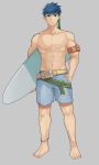  abs absurdres aper blue_eyes blue_hair cape fire_emblem fire_emblem:_souen_no_kiseki fire_emblem_heroes full_body headband highres ike male_focus short_hair shots smile solo surfboard swimsuit 