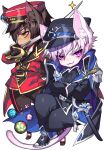  :3 add_(elsword) animal_ears ball black_hair black_pants black_shirt chibi coat collared_shirt elsword epaulettes facial_mark full_body hat holding holding_weapon long_sleeves looking_at_viewer male_focus military_hat multiple_boys orange_eyes pants pika_(kai9464) purple_eyes raven_(elsword) shirt sword tail uniform weapon white_hair 