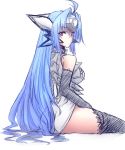  android blue_hair breasts commentary_request cyborg highres himo kos-mos long_hair red_eyes sideboob solo xenosaga 