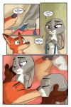  &lt;3 2018 akiric anthro bare_chest border breasts buckteeth canine clothed clothing comic dialogue dipstick_ears disney duo english_text female fox gloves_(marking) green_eyes hands_on_cheeks holding_object inside judy_hopps kissing lagomorph male male/female mammal markings necktie nick_wilde open_shirt purple_eyes rabbit small_breasts speech_bubble teeth text topless white_border zootopia 
