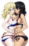  andou_(girls_und_panzer) ass asymmetrical_docking bangs bare_shoulders bikini black_bikini black_hair blonde_hair blue_eyes blush breast_press breasts brown_eyes cleavage collarbone cowboy_shot dark_skin eyebrows_visible_through_hair flag_print france french_flag french_flag_bikini frown girls_und_panzer hair_between_eyes hand_on_another's_hip highres holding_hands interlocked_fingers large_breasts looking_at_viewer medium_hair multiple_girls nakahira_guy open_mouth oshida_(girls_und_panzer) own_hands_together shiny shiny_hair shiny_skin side-tie_bikini simple_background sweat swimsuit white_background 