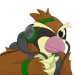  2018 alpha_channel ambiguous_gender anthro avian beak clothed clothing cord digital_media_(artwork) english_text feathers hair headphones hi_res hoodie nintendo notkastar one_eye_closed pidgey pok&eacute;mon pok&eacute;mon_(species) portrait signature simple_background smile solo text video_games wings wink 