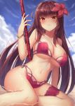  bikini blue_sky blush bracelet breasts cleavage cloud cloudy_sky collarbone day eyebrows_visible_through_hair fate/grand_order fate_(series) flower gae_bolg hair_flower hair_intakes hair_ornament hibiscus highres jewelry large_breasts leg_garter looking_at_viewer motokonut navel partially_submerged pink_bikini purple_bikini purple_hair red_eyes scathach_(fate)_(all) scathach_(swimsuit_assassin)_(fate) sky smile solo swimsuit thigh_strap thighs water 