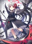  black_choker black_dress black_legwear chain choker cross dress flower grey_flower hair_flower hair_ornament halo highres hinata_(uzukitten) holding holding_weapon kneehighs long_sleeves original red_eyes red_flower scythe short_hair silver_hair solo standing weapon wide_sleeves wings 