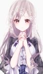  alternate_hairstyle black_veil blue_dress collared_shirt dress floral_print grey_background hands_together highres idolmaster idolmaster_cinderella_girls kanzaki_ranko long_hair looking_at_viewer misumi_(macaroni) parted_lips purple_ribbon red_eyes ribbon shirt short_sleeves silver_hair simple_background solo striped veil vertical-striped_dress vertical_stripes white_shirt 